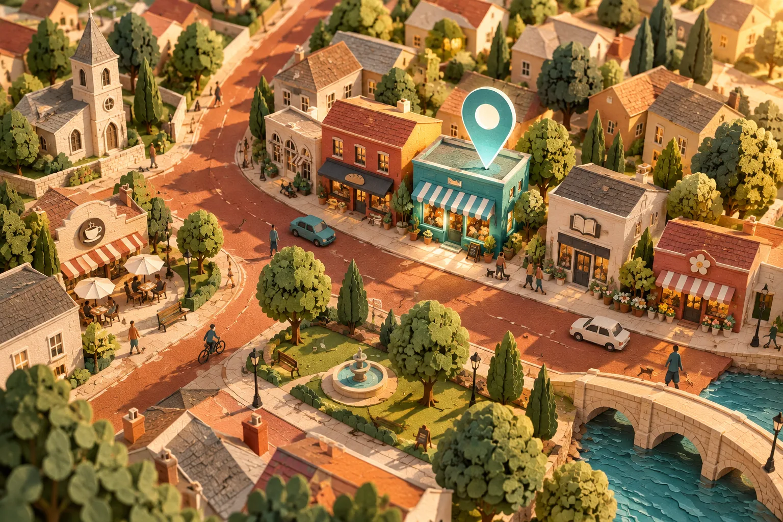 Un barrio de papel recortado con una tienda turquesa señalada en el mapa.