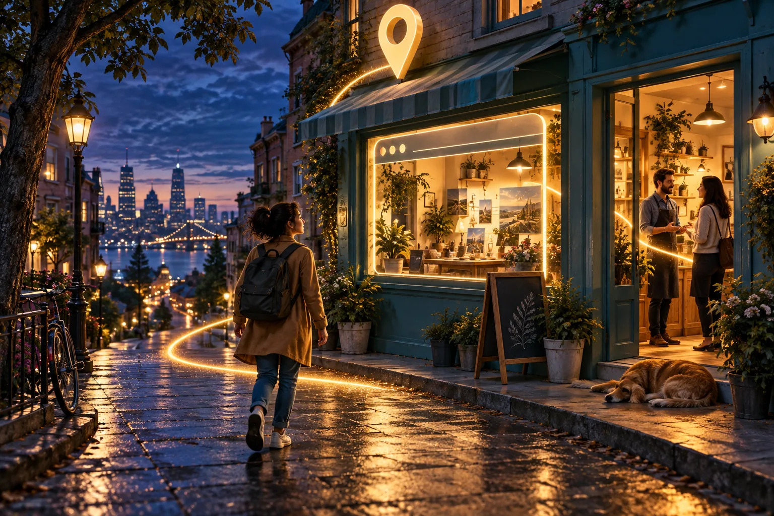Un camino de luz une una ubicación, una vitrina con forma de web y una conversación en la puerta.