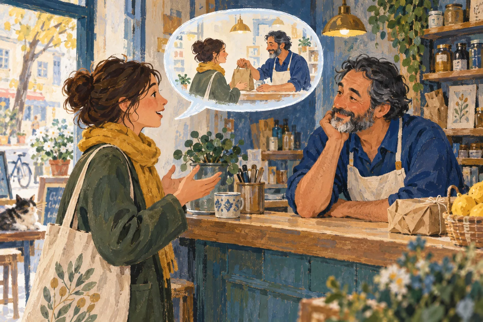 Una clienta y un comerciante conversan junto a una burbuja que representa su experiencia.