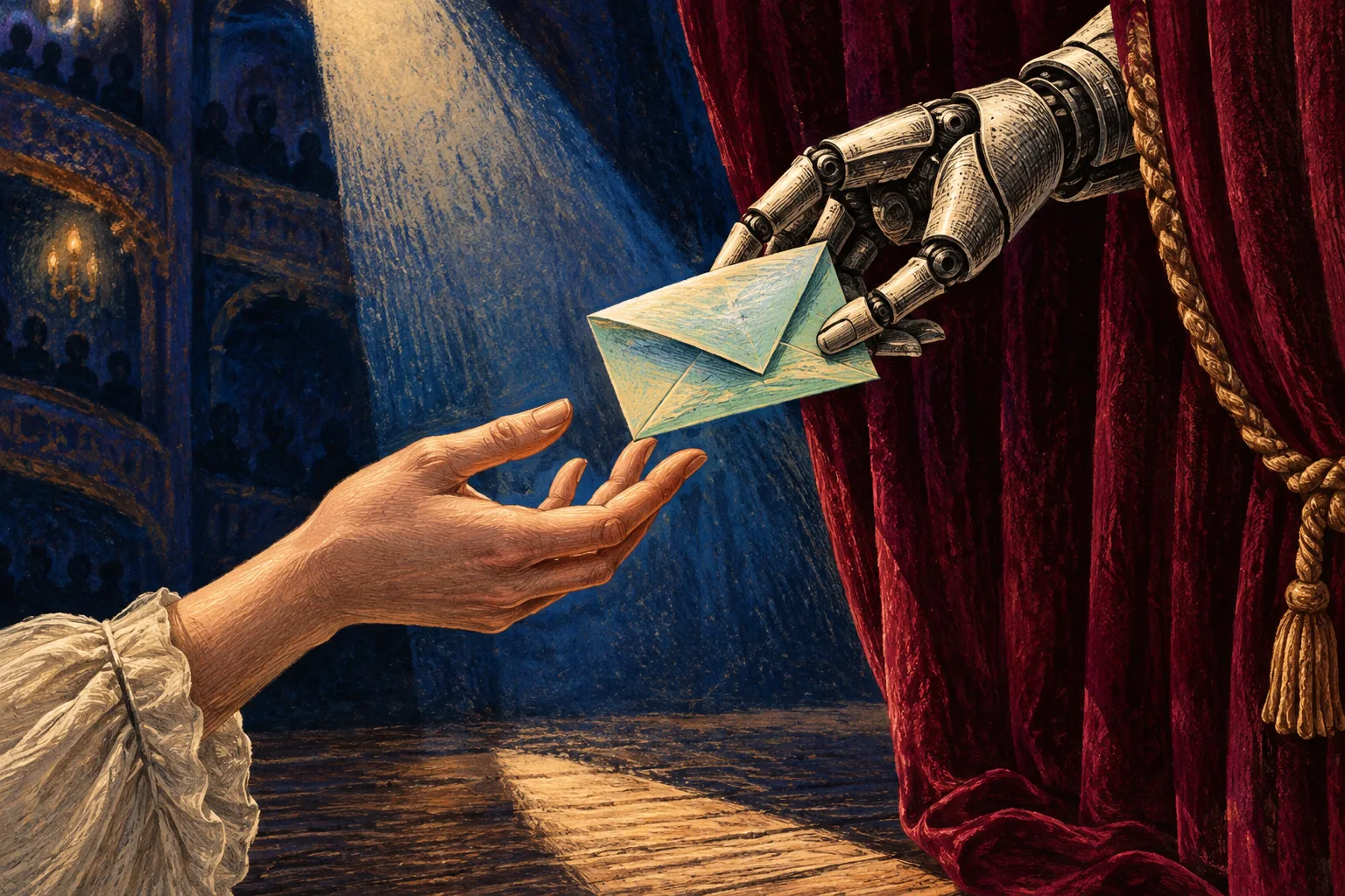 Una mano mecánica entrega una conversación de papel a una mano humana bajo un foco.