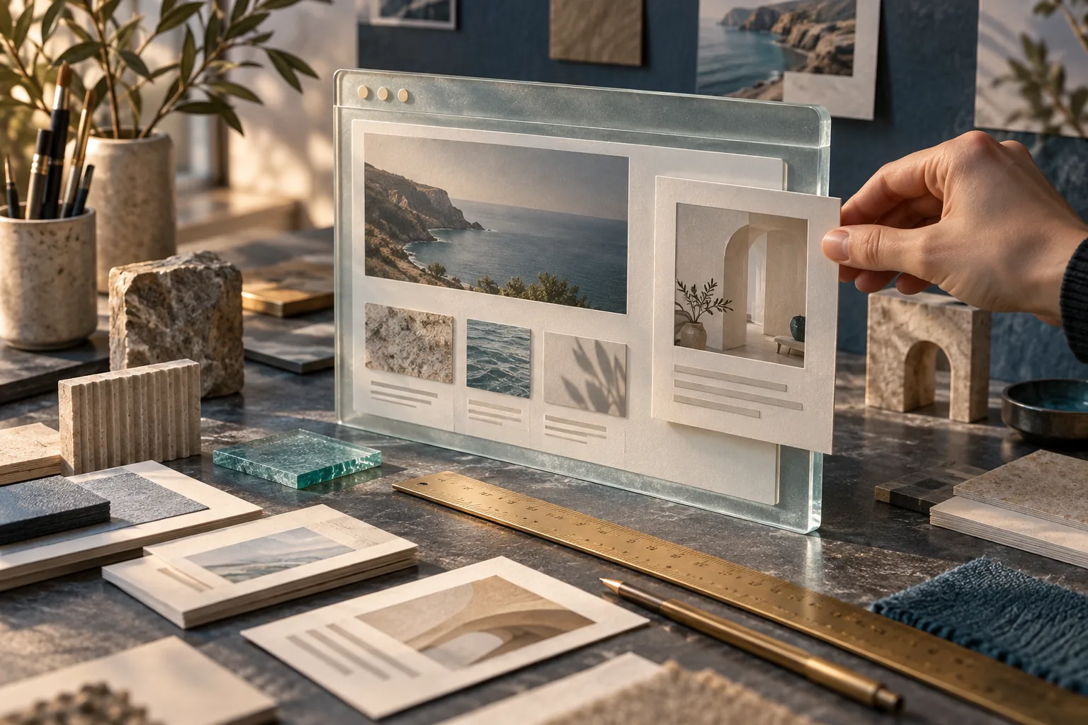 A website made of glass and paper is built in sections on a designer's workbench.