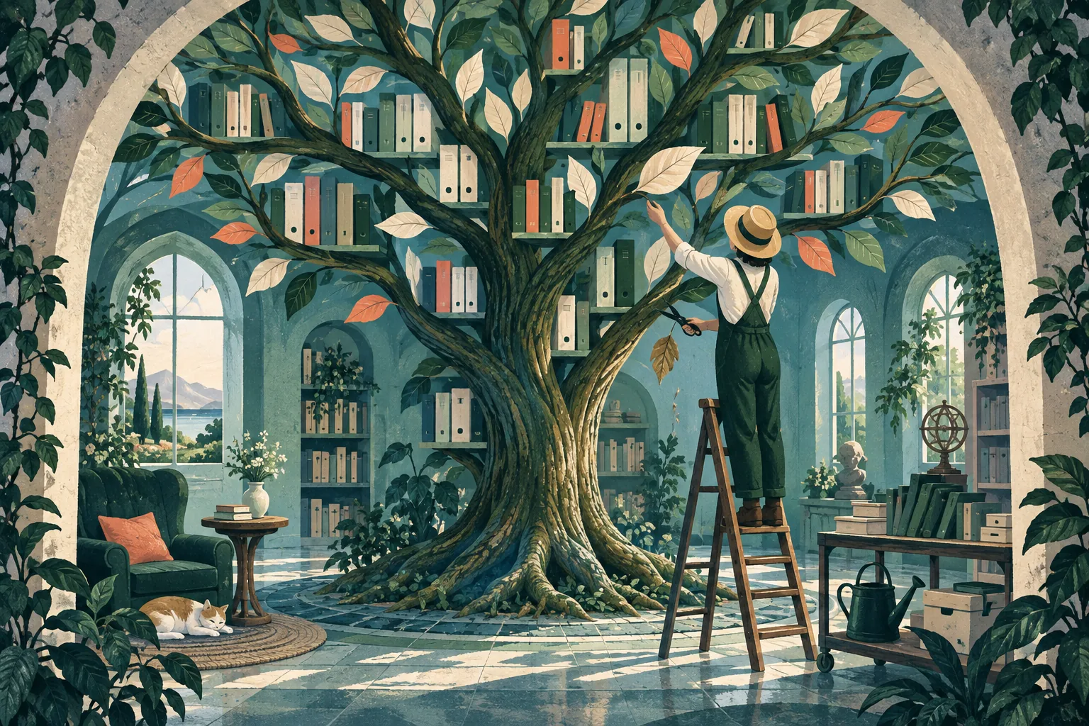 Una biblioteca con forma de árbol se mantiene con nuevas hojas y poda de información antigua.
