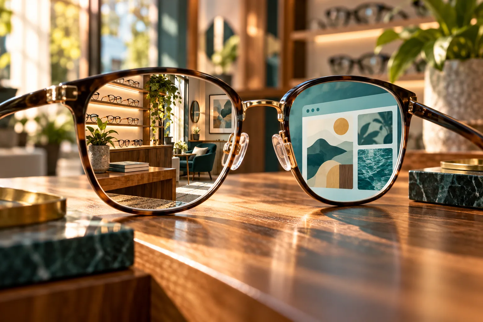 Unas gafas reflejan una óptica y una página web sobre un mostrador iluminado.
