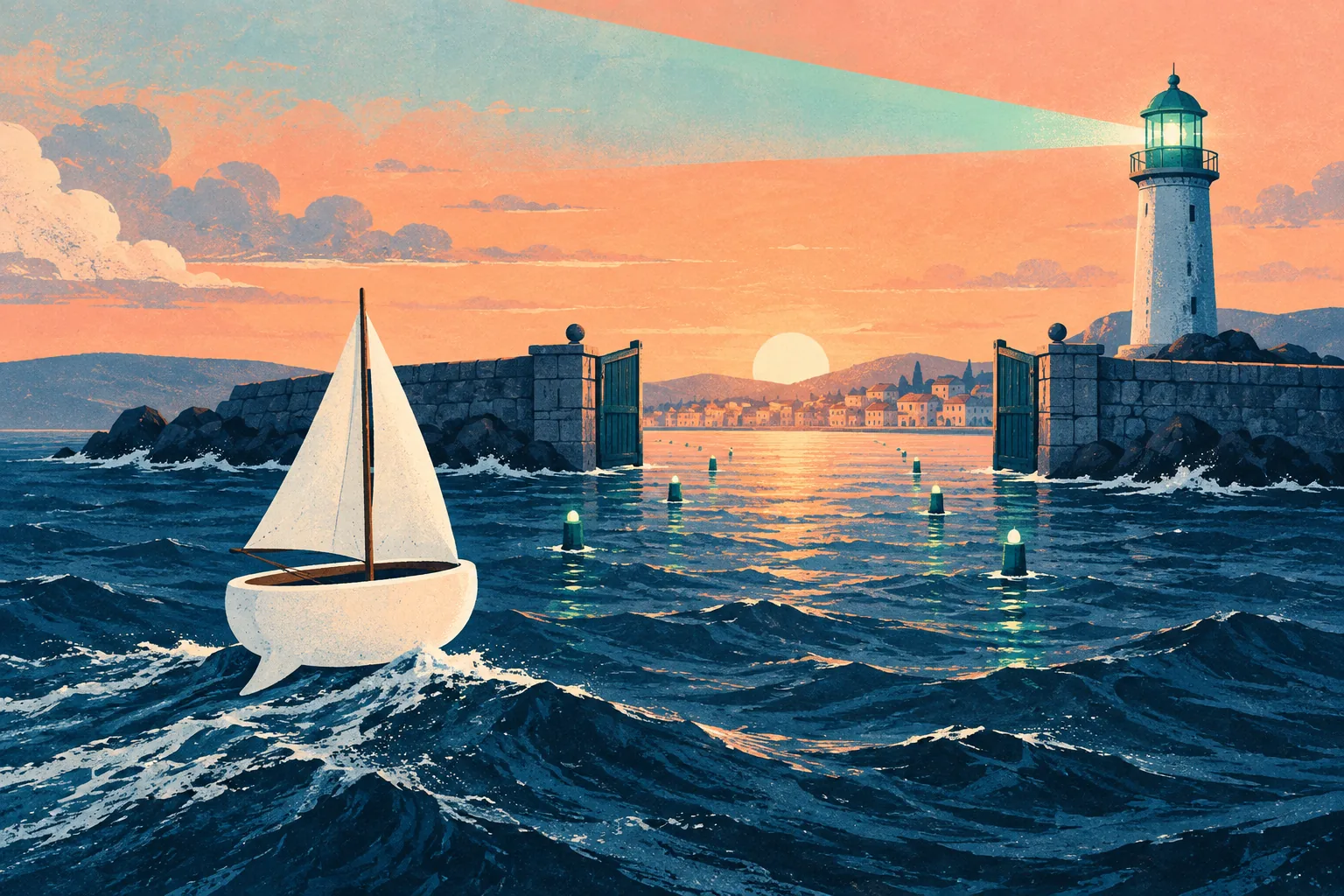 Un velero con forma de conversación entra a un puerto guiado por un faro.